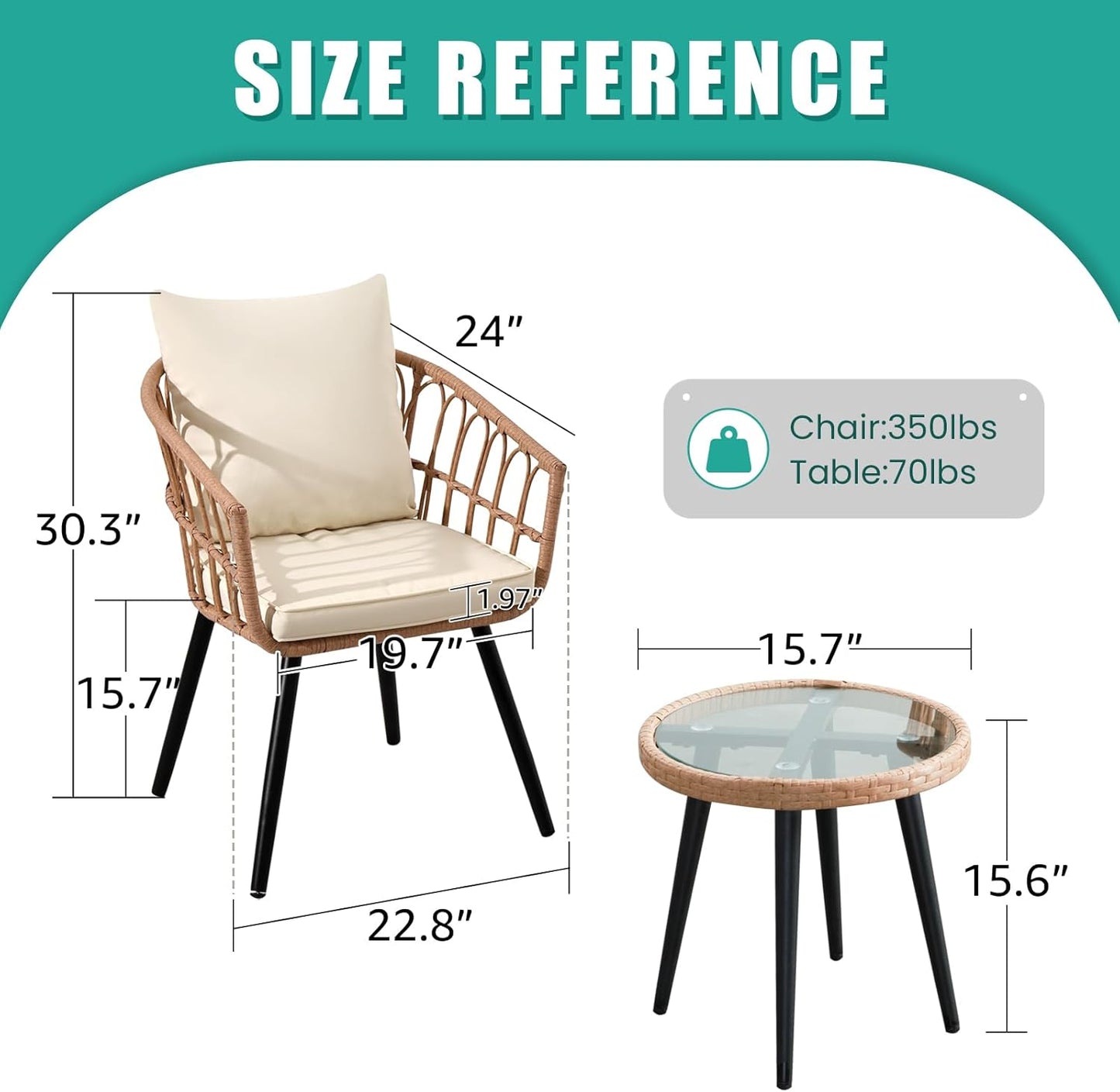 3 Pieces Patio Bistro Set, Outdoor Wicker Table and Chairs Set of 2, Rattan Balcony Furniture Set with Cushions for Front Porch Apartment Backyard Deck