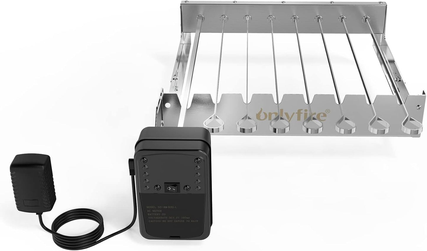 only fire Stainless Steel Electric Skewer Turner, Rotated Grilling Rack Shish Kabob Set with 7 Skewers and Dual-Purpose Rotisserie Motor
