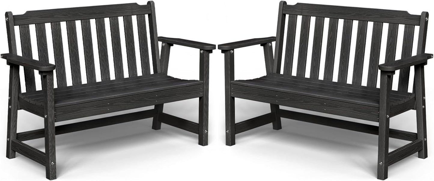 Outdoor Bench, 2-Person HDPE Garden Bench, All Weather Poly Patio Bench for Outdoors, Garden, Backyard, Porch and Park, 660 lbs Weight Capacity, Black, 2 Pack