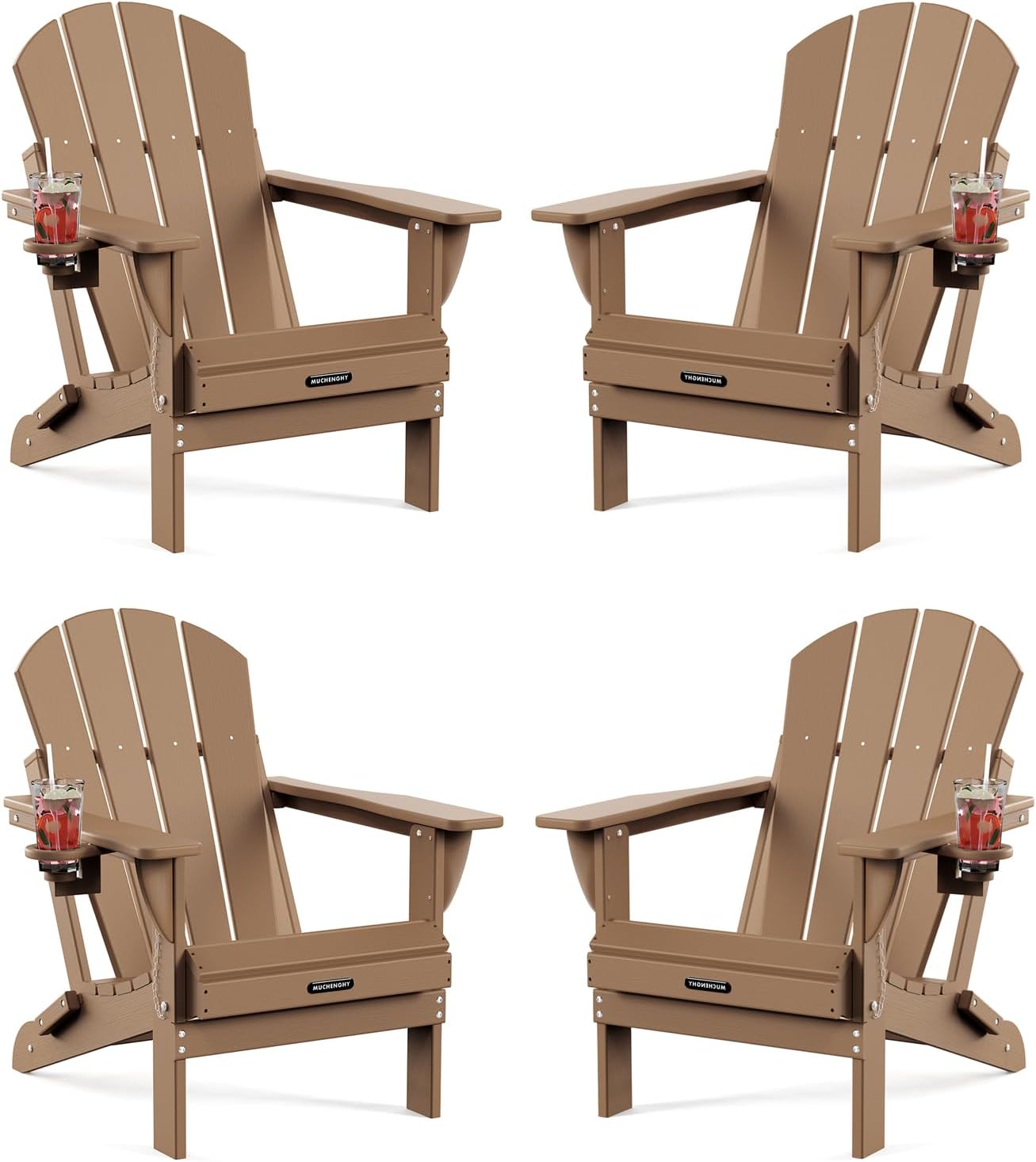 MUCHENGHY Folding Adirondack Chairs 4 Pack, Patio Chairs, Lawn Chairs, Outdoor Chairs, Adirondack Chair Plastic, Fire Pit Chairs, Weather Resistant with Cup Holder for Deck, Backyard, Garden(Teak)