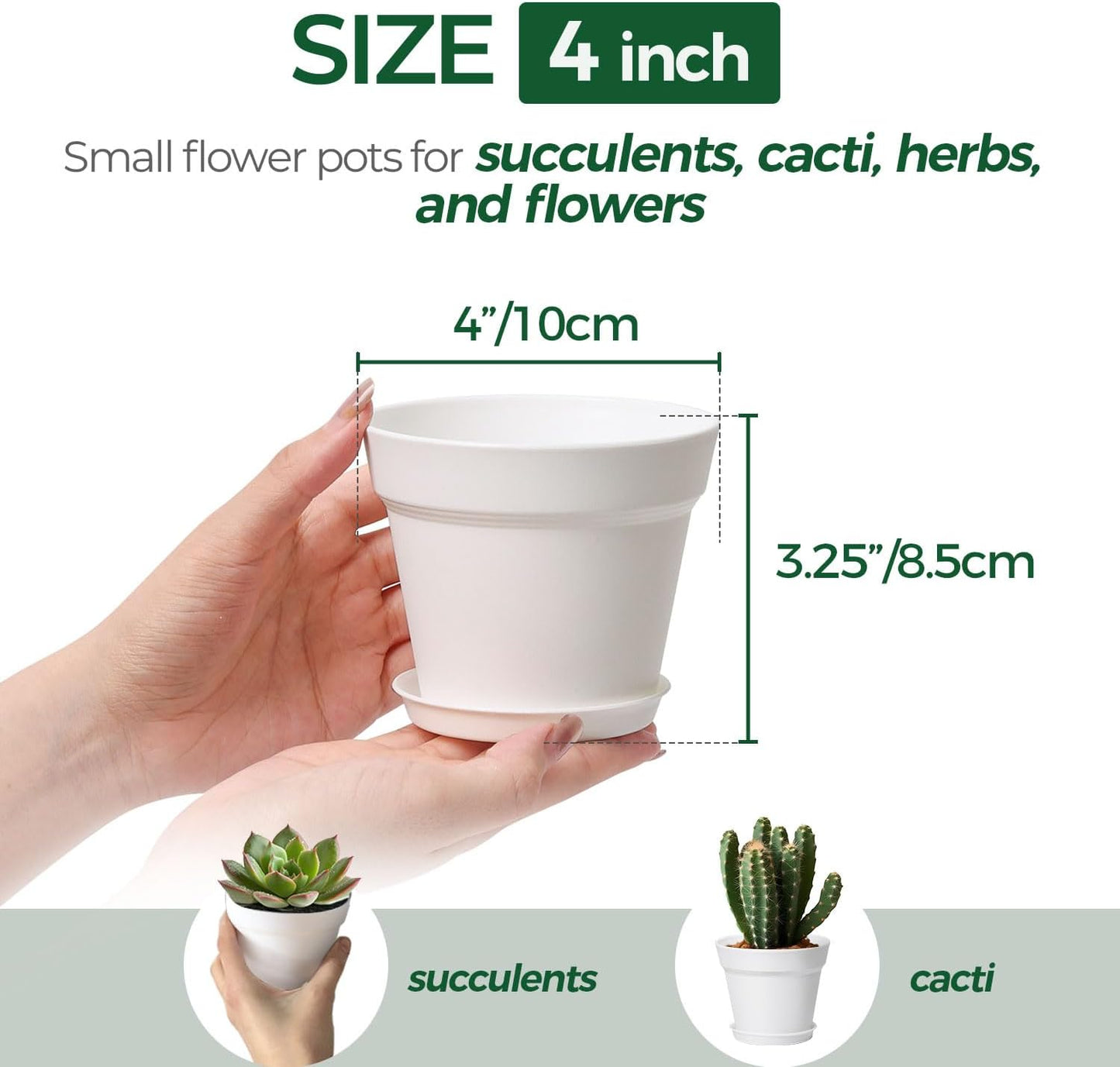 T4U 4 Inch Plant Pots 8-Pack, Small Flower Pots with Drainage Hole and Saucer, Decorative Nursery Pot Bulk for African Violet, Snake Plant, Succulent, Herb and Plants Indoor (8 Pcs 4" Pots, White)