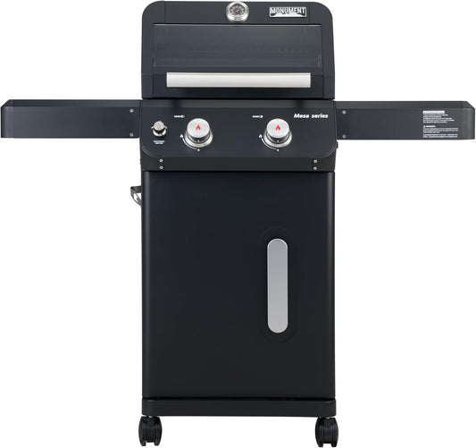 Monument Grills 2-Burner Stainless Steel Liquid Propane Gas Grill, Two Foldable Shelves Patio Garden Barbecue Grill with Clearview® Lid, Knob Control Mesa220, Black
