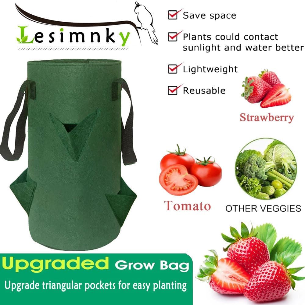 4Pack Upside Down Strawberry Planter, 3 Gallon Hanging Grow Bags for Tomato Vegetables 6 Planting Holes with 4 Hooks,Upside Down Strawberry Plant Hanger Vegetable Planting Bags for House (Dark Green)