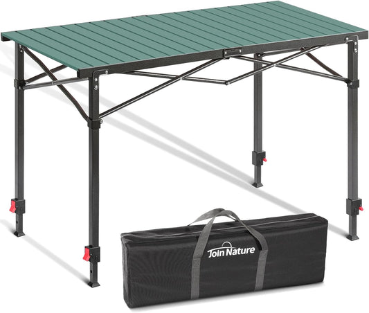 Portable Outdoor Adjustable Height Camping Table, Large for 2-6 Person, Foldable Roll-up Aluminum Camp Table with Carry Bag for Picnic, Camp, Sturdy, Stable, Loads 220 Lbs (Green)