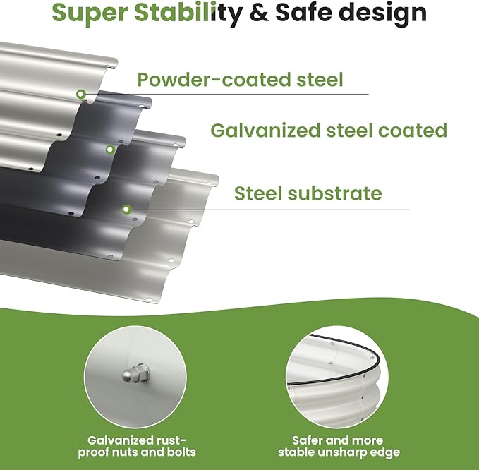 Oval 8x2x1.5 FT Galvanized Raised Garden Bed Kit, 31 in 1 Large Metal Planter Box for Outdoor Gardening, 18” Garden Bed for Vegetables Flower Herb(Pearl White)