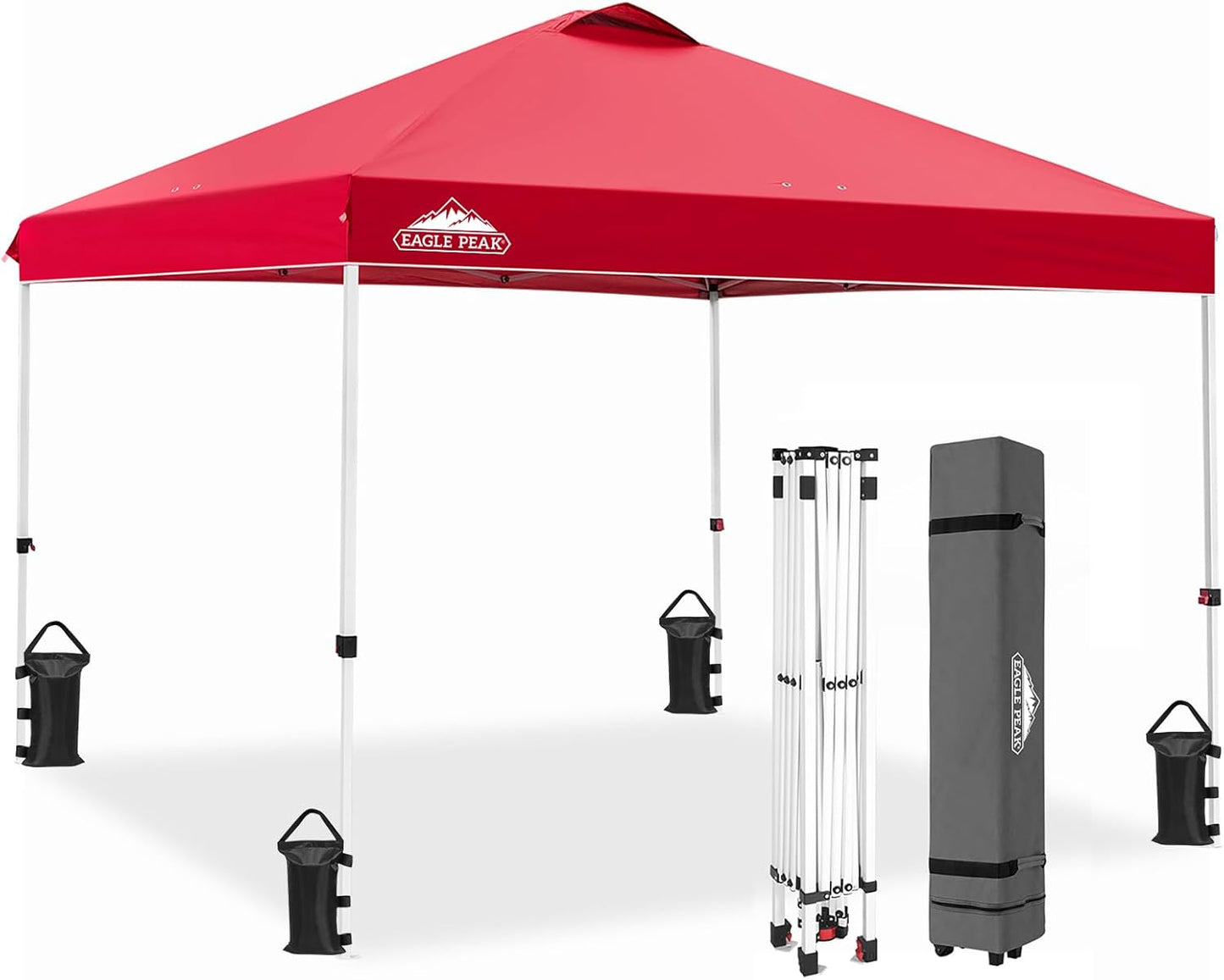 EAGLE PEAK Pop Up Canopy Tent with Wheeled Carry Bag, 8 Stakes, 4 Ropes, 4 Weight Bags, Easy Set Up Tent Canopy, 10x10 ft, 100sqft of Shade, Red