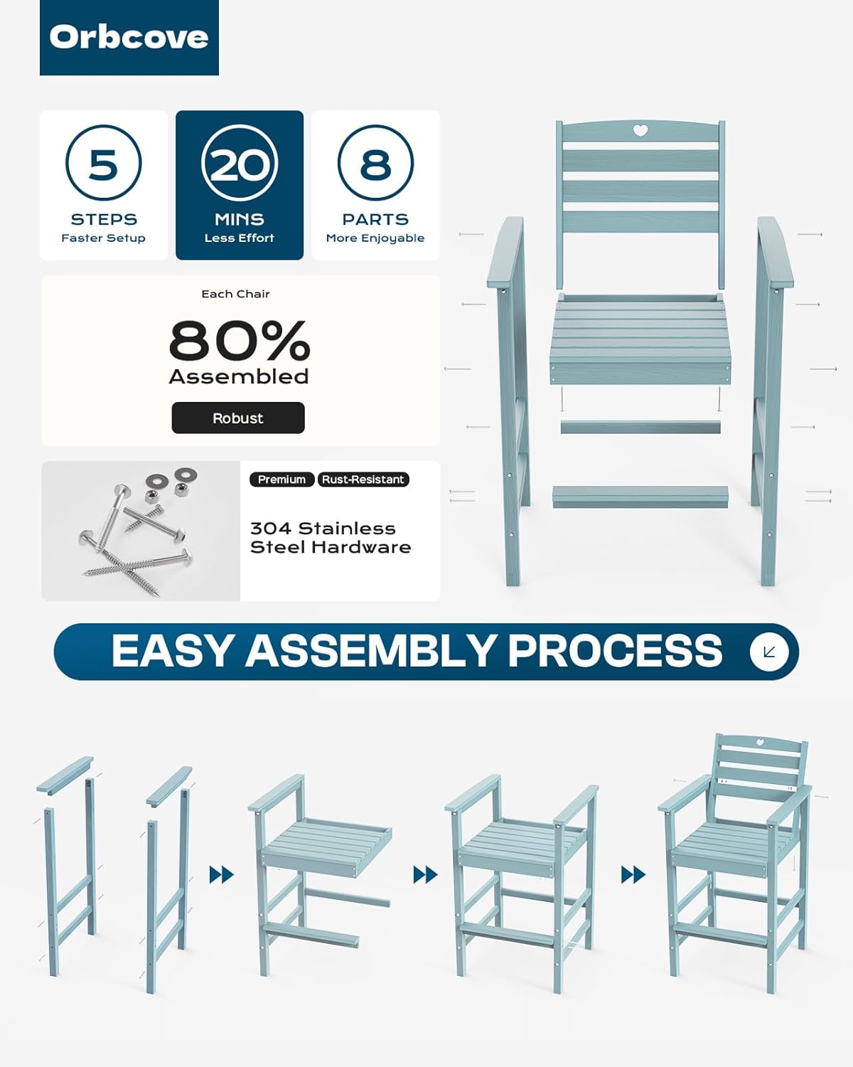 Tall Adirondack Chairs Set of 2, HDPE Wood Balcony Adirondack Chairs Set with Heart Cutout Design, Weather-Resistant Bar Height Furniture for Deck, Porch, Pool (Light Blue)