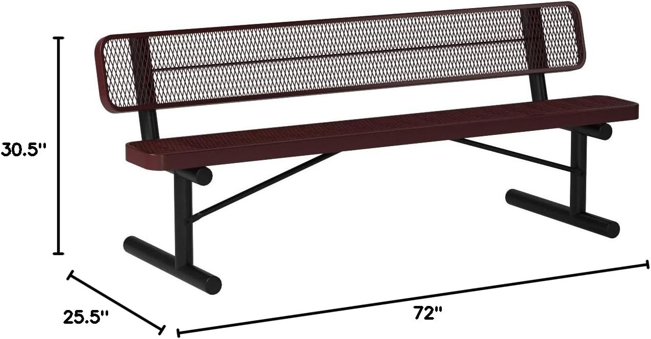 Coated Outdoor Furniture Heavy-Duty Portable Outdoor Bench Thermoplastic Coated, Expanded Metal, Commercial-Grade Seating, Made in America (Portable with Back, 6 Ft, Red)