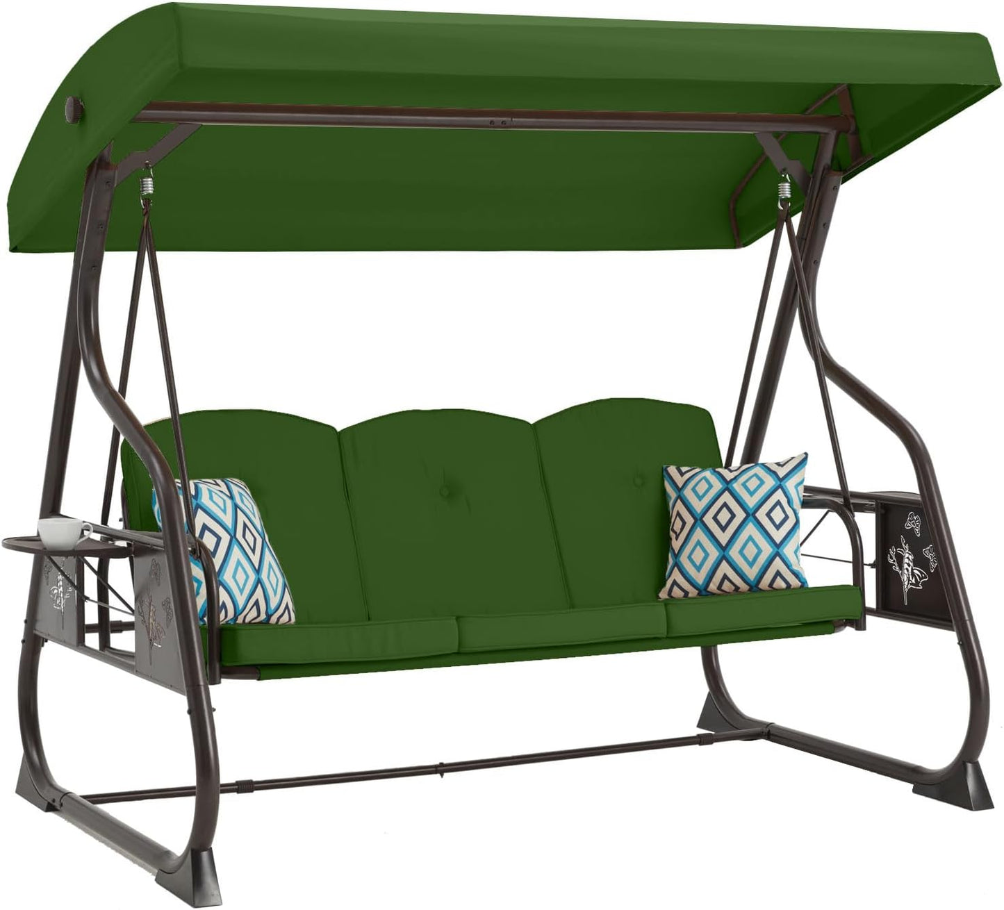 3-Seat Patio Porch Swing 800LBS Outdoor Swing with Stand w/Canopy & Adjustable Backrest Patio Glider Chair w/Removable Pillows & Foldable Side Tray for Balcony Garden Deck (Green)