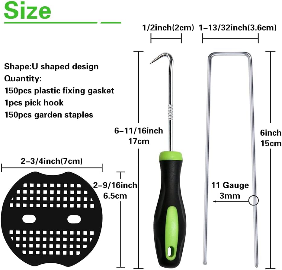 Bakulyor 150Pcs Landscape Staples + 150Pcs Gasket, 6 Inch Garden Stakes Staples 11 Gauge U Shaped Galvanized Lawn Landscape Pins, Heavy Duty Yard Ground Pin for Weed Barrier Sod Fabric Decorations