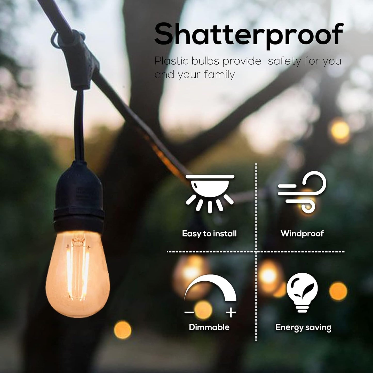 Banord 15 Pack Dimmable 2W S14 Replacement LED Bulbs, 2700K Warm White Waterproof Outdoor String Lights Vintage LED Filament Bulb, Shatterproof E26 Screw Base Edison Light Bulbs