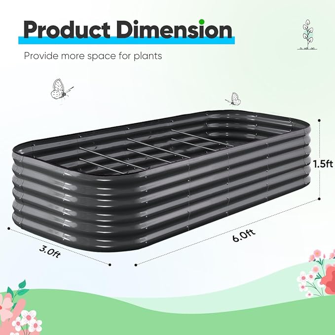 Quictent Galvanized Raised Garden Bed Kit, 6x3x1.5 ft Oval Metal Planter Box Tall for Vegetables Outdoor Backyard, Rubber Strip Edging Included, Dark Gray