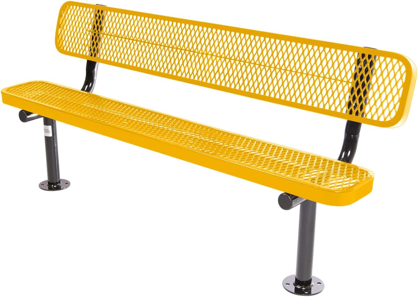Heavy-Duty Outdoor Bench Thermoplastic Coated, Expanded Metal, Commercial-Grade Seating, Made in America (Surface with Back, 6 Ft, Textured Yellow)