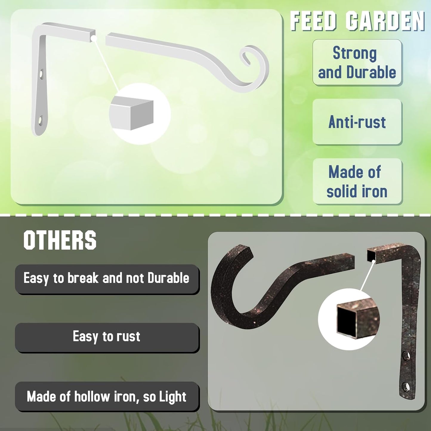 FEED GARDEN Hanging Plant Bracket 10 Inch 2 Pack, Hand-Forged Plant Hanger for Hanging Bird Feeders, Wind Chimes, Flower Baskets, Lanterns, Indoor/Outdoor Use, White