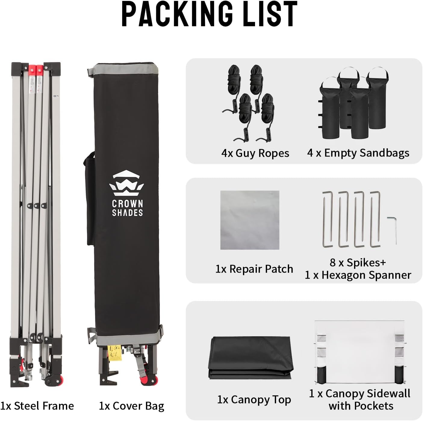 CROWN SHADES Canopy Tent, 10 x 10 Foot Portable Pop Up Outdoor Shelter with Pocket Sidewall, Push Center Lock, UV Protection, and Carry Bag, Black