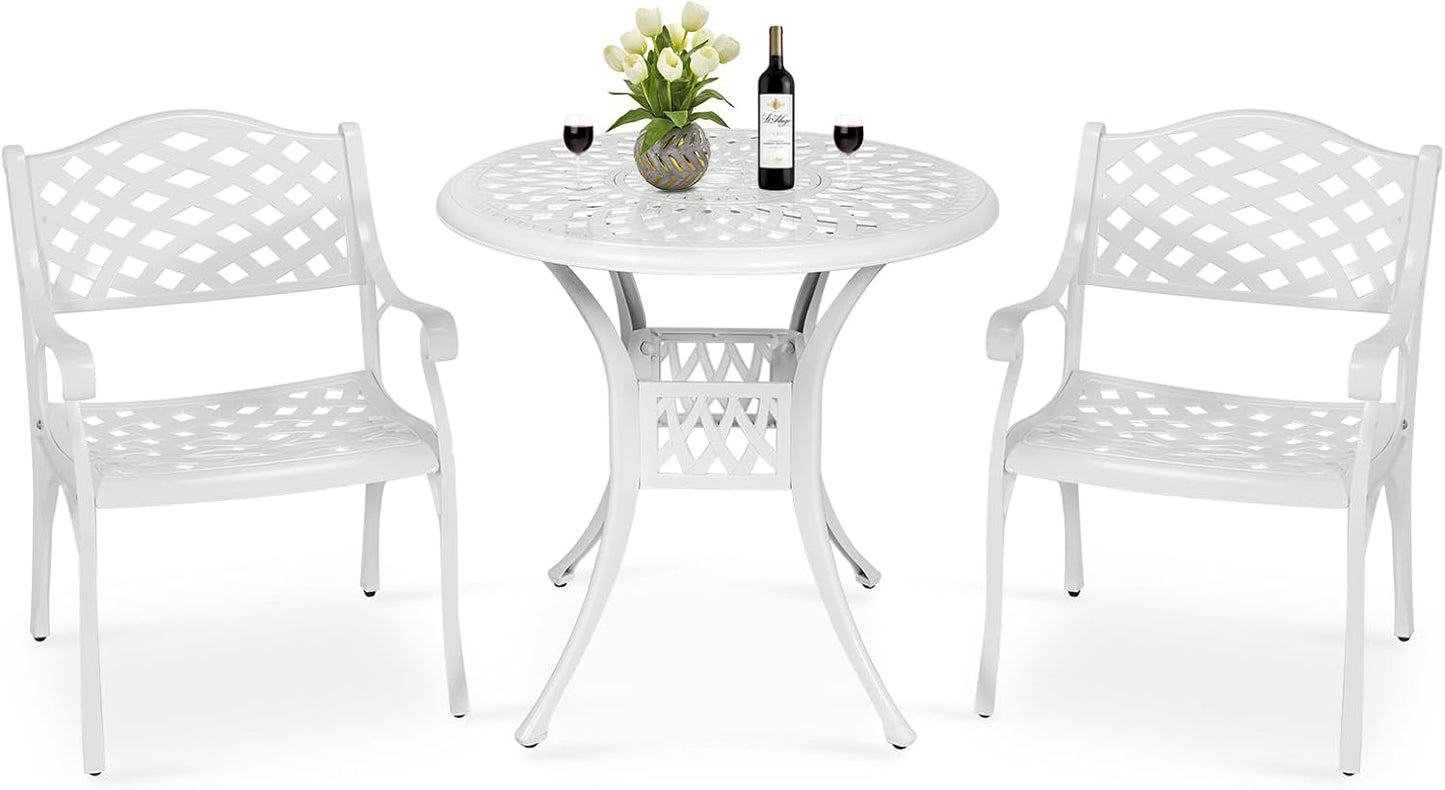 MEETWARM 3 Piece Patio Bistro Set, Outdoor All-Weather Cast Aluminum Dining Furniture Set Includes 2 Chairs and a 31” Round Table with Umbrella Hole for Garden Deck, White
