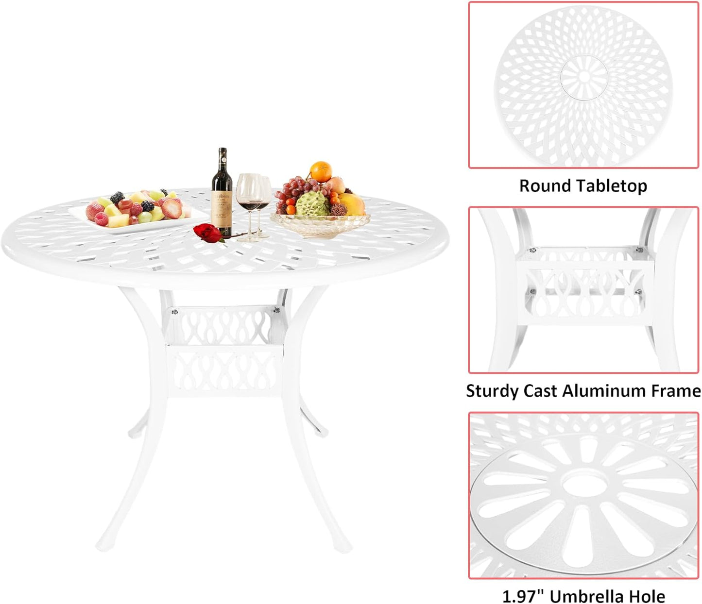 5 Piece Cast Aluminum Outdoor Dining Set, Outdoor Table and Chairs Set of 4, Patio Dining Set with 4 Chairs and 42" Round Table, Patio Conversation Set with 1.97" Umbrella Hole