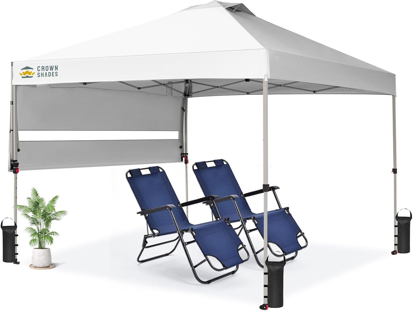 CROWN SHADES 10x10 Pop up Canopy Tent Patended Centerlock Instant Commercial Canopy with 150D Silver Coated Fabric Including 2 Extend Awnings, 4 Ropes, 8 Stakes, 4 Weight Bags (White, 10x14)
