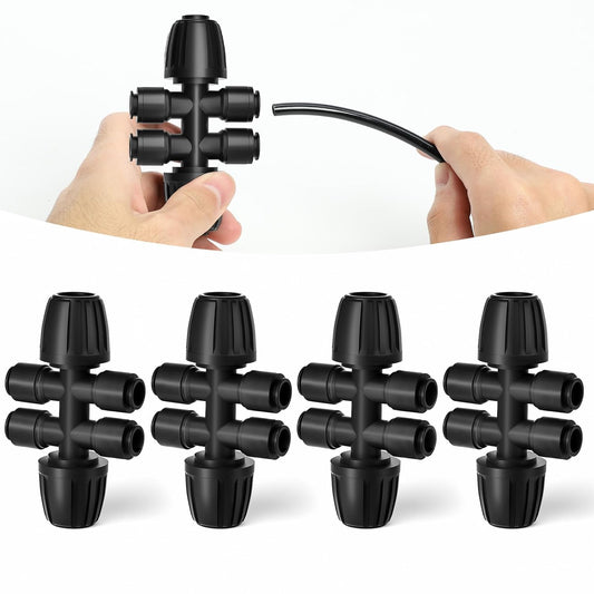 4 Packs 1/2''to 1/4''Barbed Tee Quick Connector,Drip Irrigation Fittings for 4-Way Connector
