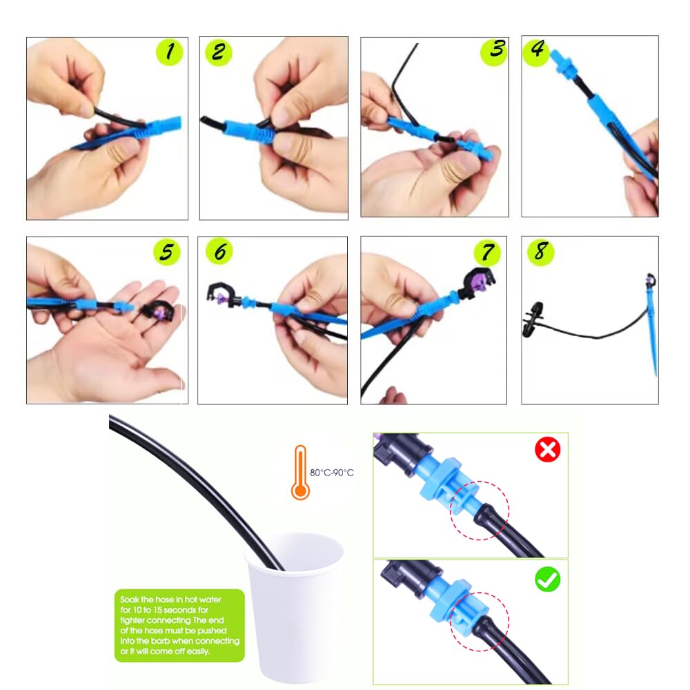 26FT/8M Rotary Sprinkler Drip Irrigation System, Adjustable Complete Drip Irrigation Kit with Rotary Sprinkler, 1/2" and 1/4" Irrigation Tubing and Barbed Fittings for Garden,Raised Beds,Yard,Lawn