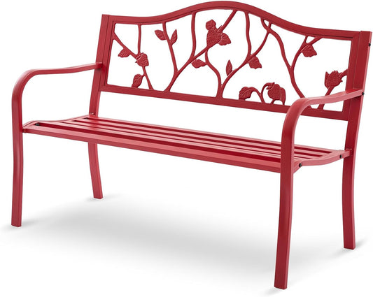 50” Strawberry Outdoor Garden Bench, Weatherproof Sturdy Cast Iron Metal Frame Patio Park Bench for Porch Yard Lawn Deck Park (Red Strawberry Style)