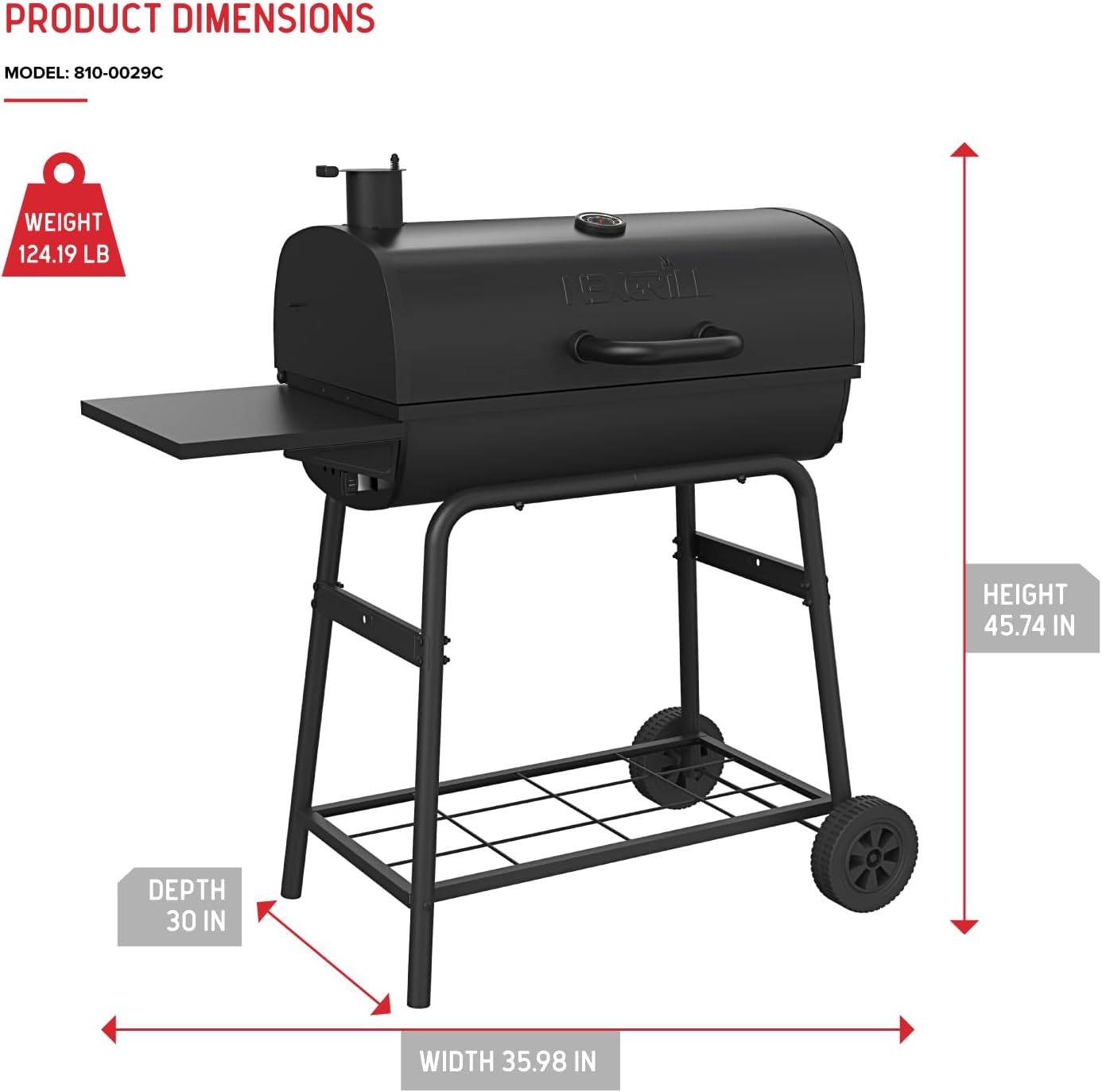 Nexgrill Premium 29" Charcoal Grill with Side Shelf, 552 SQ In Cooking Space, Adjustable Charcoal Tray, Chimney Air Vent, Warming Rack, Barrel Smoker Grill for Camping, Picnics, and More - 810-0029C