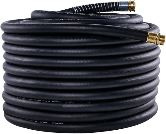 Garden Hose 150FT x 3/4”, Heavy Duty Rubber Hose, Water Hose with Five Layered Braiding, Male Female Fittings, 1000PSI Burst, 200PSI Working (Black)