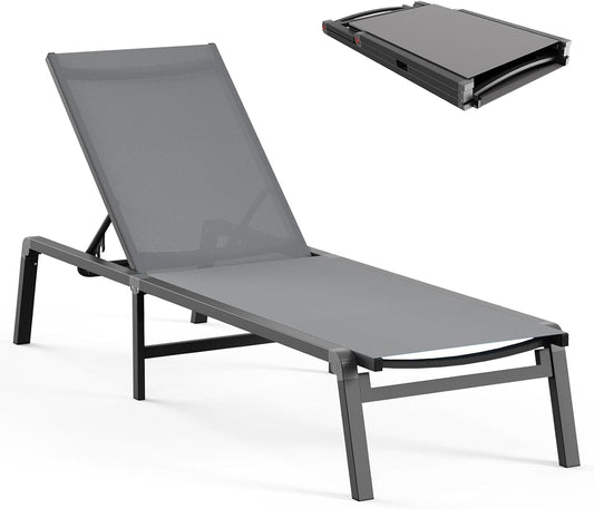 Aluminum Chaise Lounge Ourdoor - Foldable & Assemble Free Outdoor Lounge Chair with 5 Adjustable Backrest, Patio Lounge Chair for Outside Poolside Beach Pool, Grey