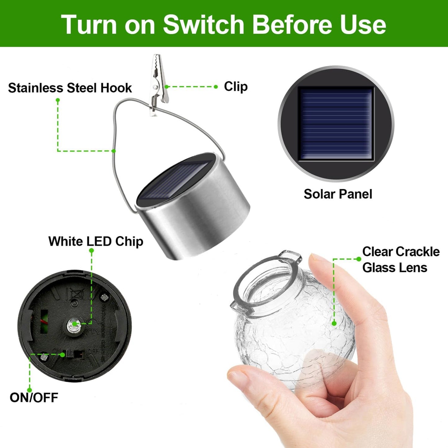 PARTPHONER 32 Pack Hanging Solar Lights Outdoor, Waterproof Solar Globe Lantern with Handle and Clip, Decorative Cracked Glass Ball Lights for Christmas Decor, Tree, Yard, Garden, Patio (Cold White)