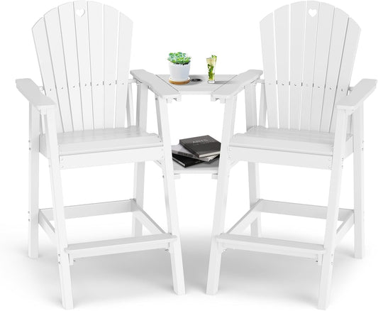 Tall Adirondack Chairs Set of 2-Durable HDPE Outdoor Bar Stools with Double Connecting Tray, Weatherproof Patio Furniture for Poolside, Backyard, Deck & Lawn Relaxation (White)