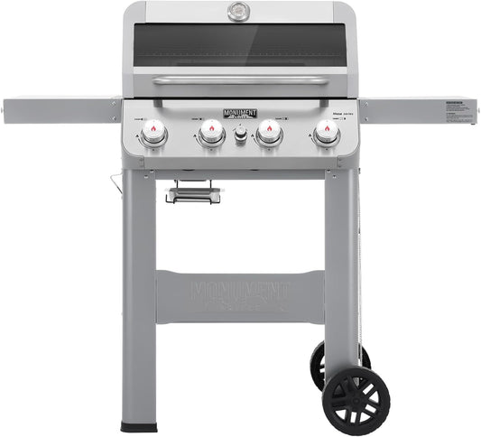 Monument Grills 4-Burner Liquid Propane Gas Grill, Silver Stainless Steel Grill Outdoor Patio Garden Barbecue Grill with Clearview® Lid and One Foldable Shelf, Mesa400MF