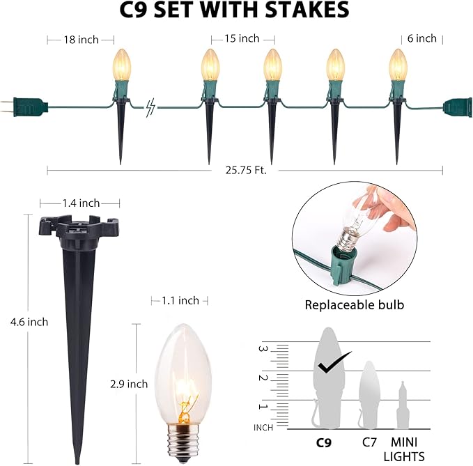 Christmas Pathway String Lights Outdoor - 25.7 Ft. C9 20 Clear Lights with 20 Stakes Connectable Waterproof for Indoor Xmas Party Holiday Commercial Decoration, Warm White