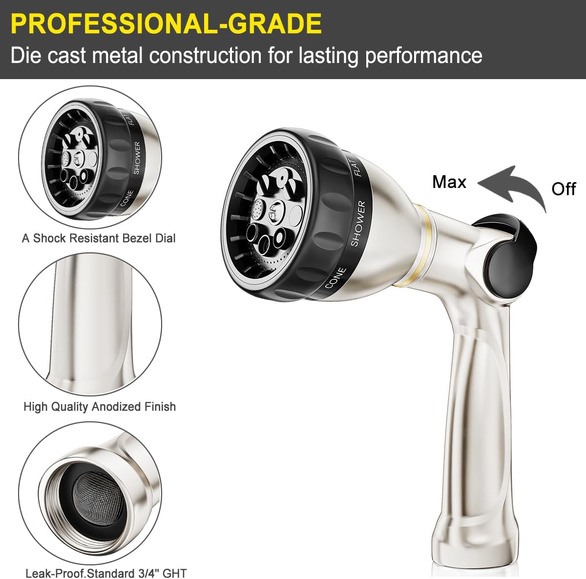 FANHAO Professional Garden Hose Nozzle Heavy Duty, 100% Metal Thumb Control Water Hose Sprayer with 8 Spray Patterns, High Pressure Water Nozzle for Watering Plant & Lawn, Washing Car & Pet