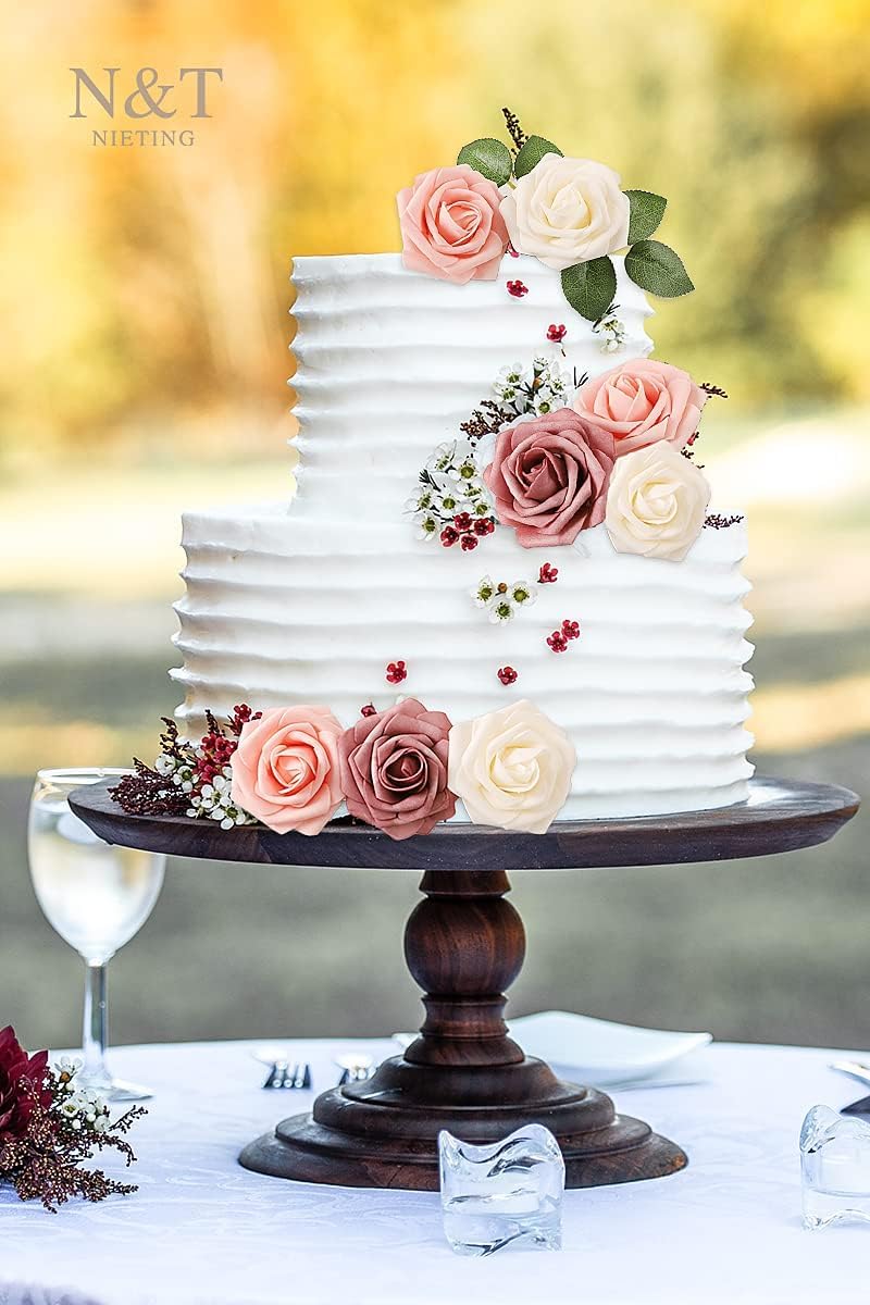 N&T NETING Artificial Flowers Roses 25pcs Real Looking Fake Spring Roses Stem for DIY Wedding Bouquets Centerpieces Arrangements Home Decorations Party Baby Shower Shades of Dusty Rose, Pink & Cream