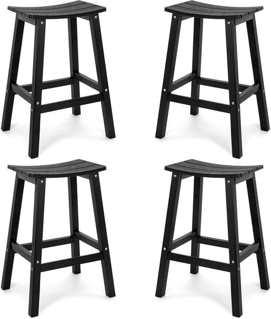 Weatherproof Bar Stools Set of 4, 28" Height Outdoor Bar Stools Holds up to 400 lbs, Saddle Seat, Bar Height Stools for Patio, Garden, and Kitchen Island, Black