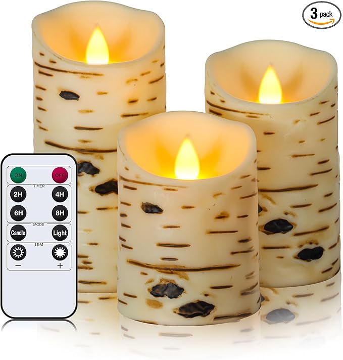 Metaku Flameless Candles Battery Operated Set of 3 Birch Bark LED Pillar Candles with Remote,3D Moving Wick Electric Decorative Candles for Christmas Party Wedding Home Bedroom,D 3"×H4 5" 6"
