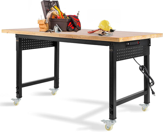 Height Adjustable Workbench with Wheels 60”×22” Heavy Duty Work Table 2000 LBS Capacity Rolling Work Table Rubber Wood Work Station with Power Outlet & Pegboard for Garage, Office, Workshop, Home