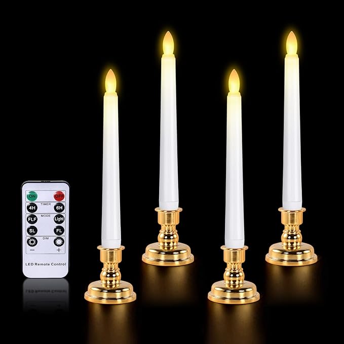 JOSU LED Window Candles, Christmas Flameless Window Candle Lights with Timer Battery Operated, 4 3D Wick Light Candle+4 Removable Gold Candleholders+Remote, for Decor &Festival Celebration