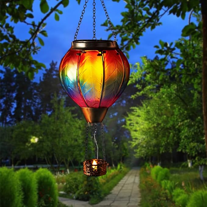 Starsoul Hot Air Balloon Solar Lantern with Candle Holder Solar Hot Air Balloon Flickering Flame Hanging Garden Light Waterproof Glass Hot Air Balloon Solar Lamp Decorative for Lawn Porch Tree Yard