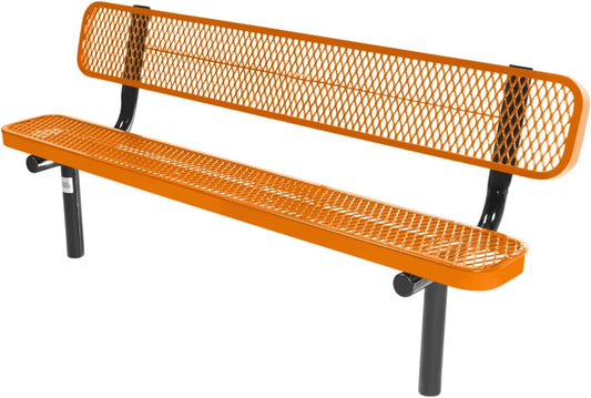 Coated Outdoor Furniture Heavy-Duty Outdoor Bench Thermoplastic Coated, Expanded Metal, Commercial-Grade Seating, Made in America (Inground with Back, 6 Ft, Orange)