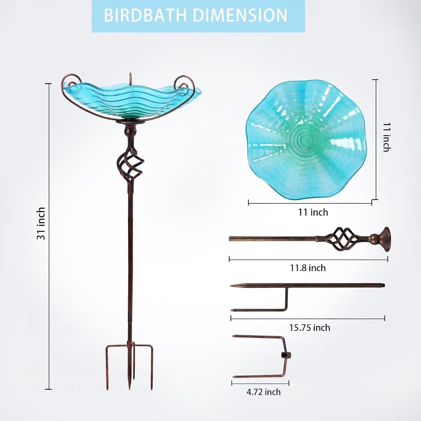 MUMTOP 31 Inch Height Glass Birdbaths, Outdoor Bird Bath Birdfeeder with Metal Stake Garden Yard Outside, Blue