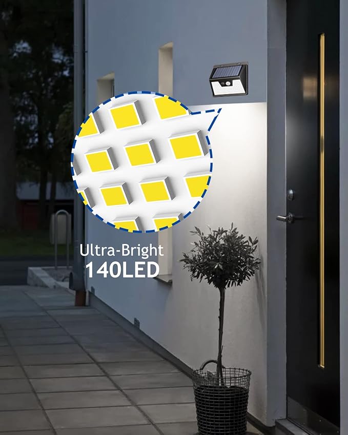 Peasur Solar Lights Outdoor Waterproof, 4 Pack 140LED Motion Sensor Light, 3 Modes Solar Powered Fence Security Lights for Patio Step Deck House Outside(Cool White)