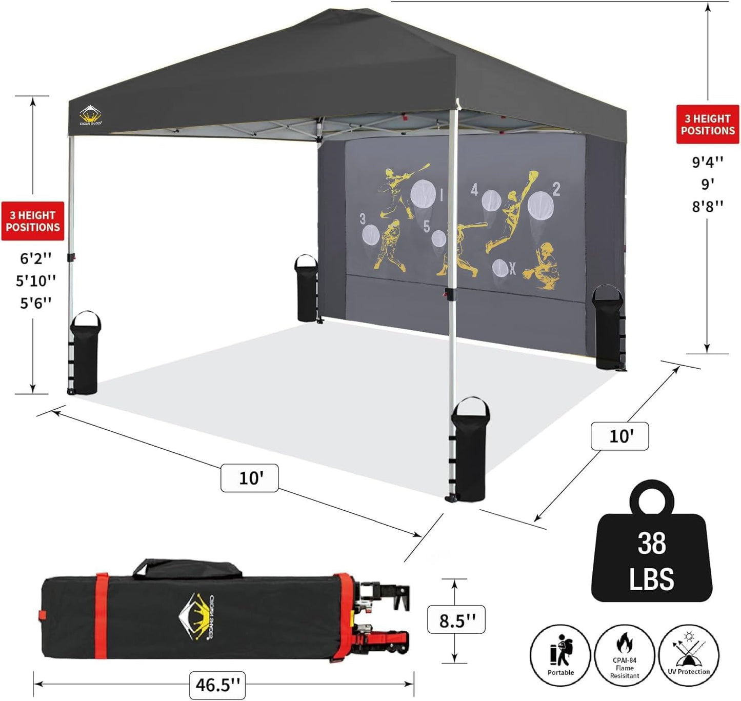 CROWN SHADES 10x10 Pop Up Canopy Tent with Game Netting - Beach Tent with One Push Setup - Outdoor Sun Shade for Events, Parties, Camping with STO-N-Go Cover Bag, Silver Coated Top, Grid Grey