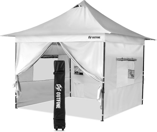 OUTFINE 12×12 Pop Up Canopy-Heavy Duty Canopy Tent with Sturdy Metal Frame(10×10 Base) Reinforced with Steel Cables, Roller Bag, Sidewall×4 for Exhibition, Party&Backyard (White, 12 * 12FT Pro)