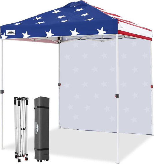 EAGLE PEAK Pop Up Canopy Tent with 1 Sidewall, Easy Setup Event Tent, Outdoor Sun Shade, Wheeled Carry Bag, Stakes and Guy Ropes, Instant Canopy 6.6x6.6, American Flag