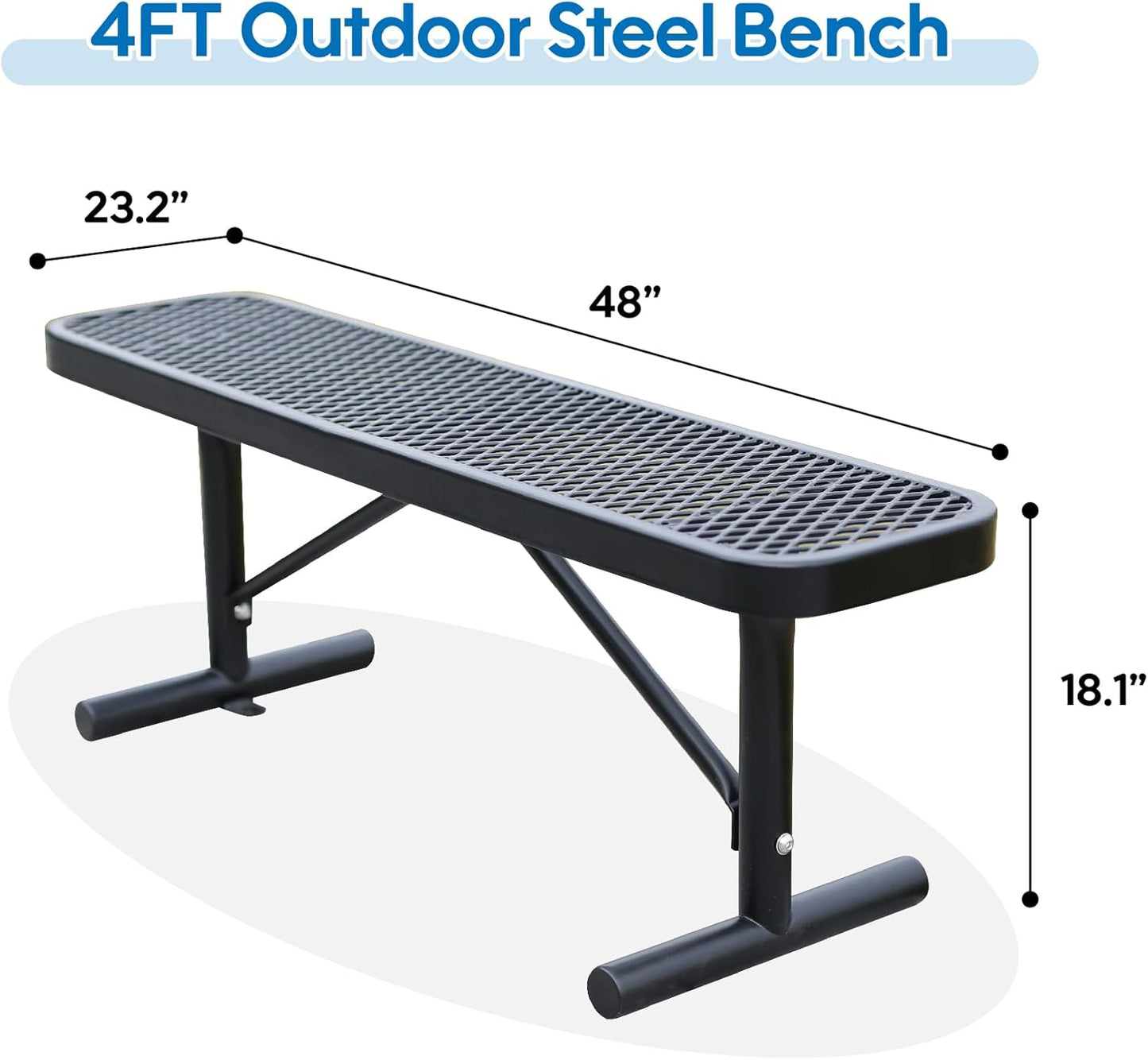 48" L Outdoor Steel Flat Bench, Heavy Duty Metal Park Bench for Outside, Expanded Metal, Commercial Benches Mesh Bench for Shopping Mall, Store, Lawn, Park, Patio, Deck, Garden