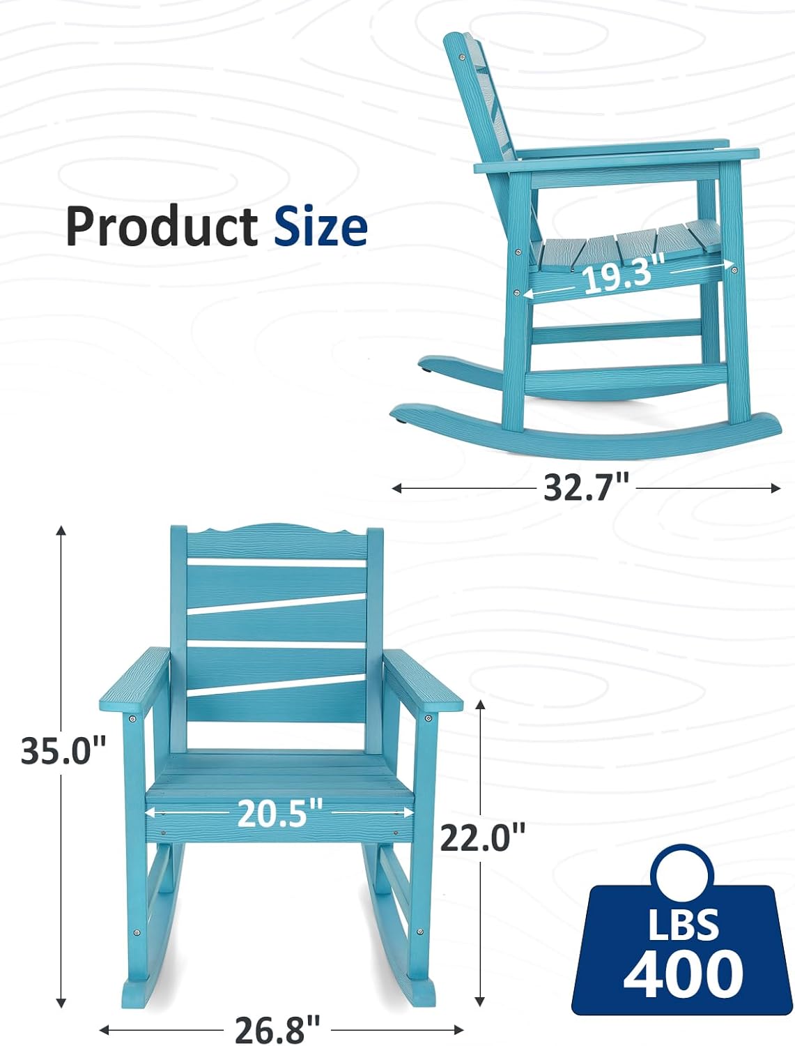 Patio Rocking Chair, Weatherproof HIPS Outdoor Rocking Chair for Adults, 400LBS Support Heavy Duty Porch Rocking Chairs for Garden, Lawn, Backyard, Outdoor and Indoor (Lake Blue)