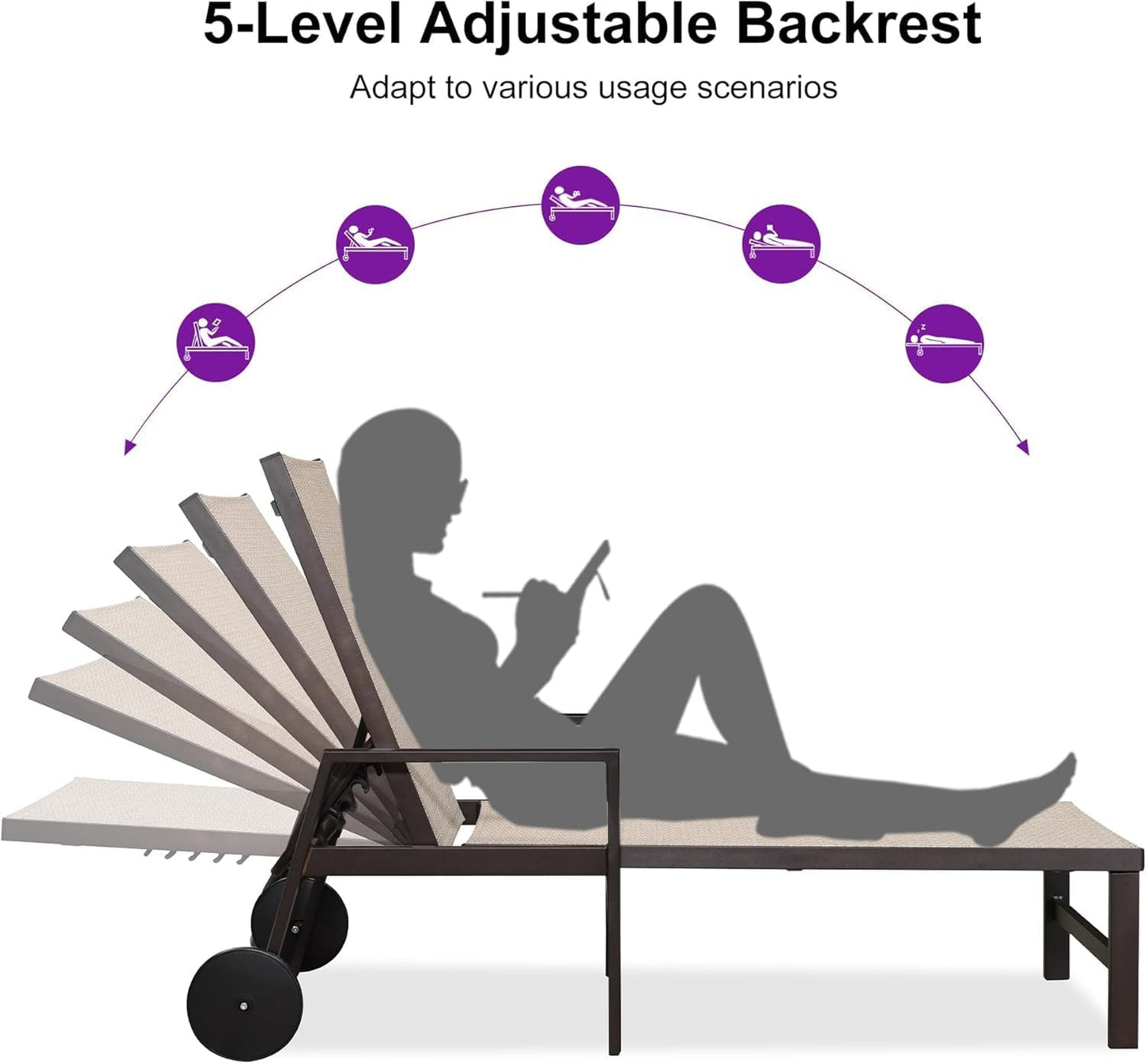 PURPLE LEAF Pool Lounge Chairs Set of 3 Aluminum Outdoor Lounge Chairs with Wheels and Armrests Adjustable Patio for Deck Outside Lawn Garden, Beige