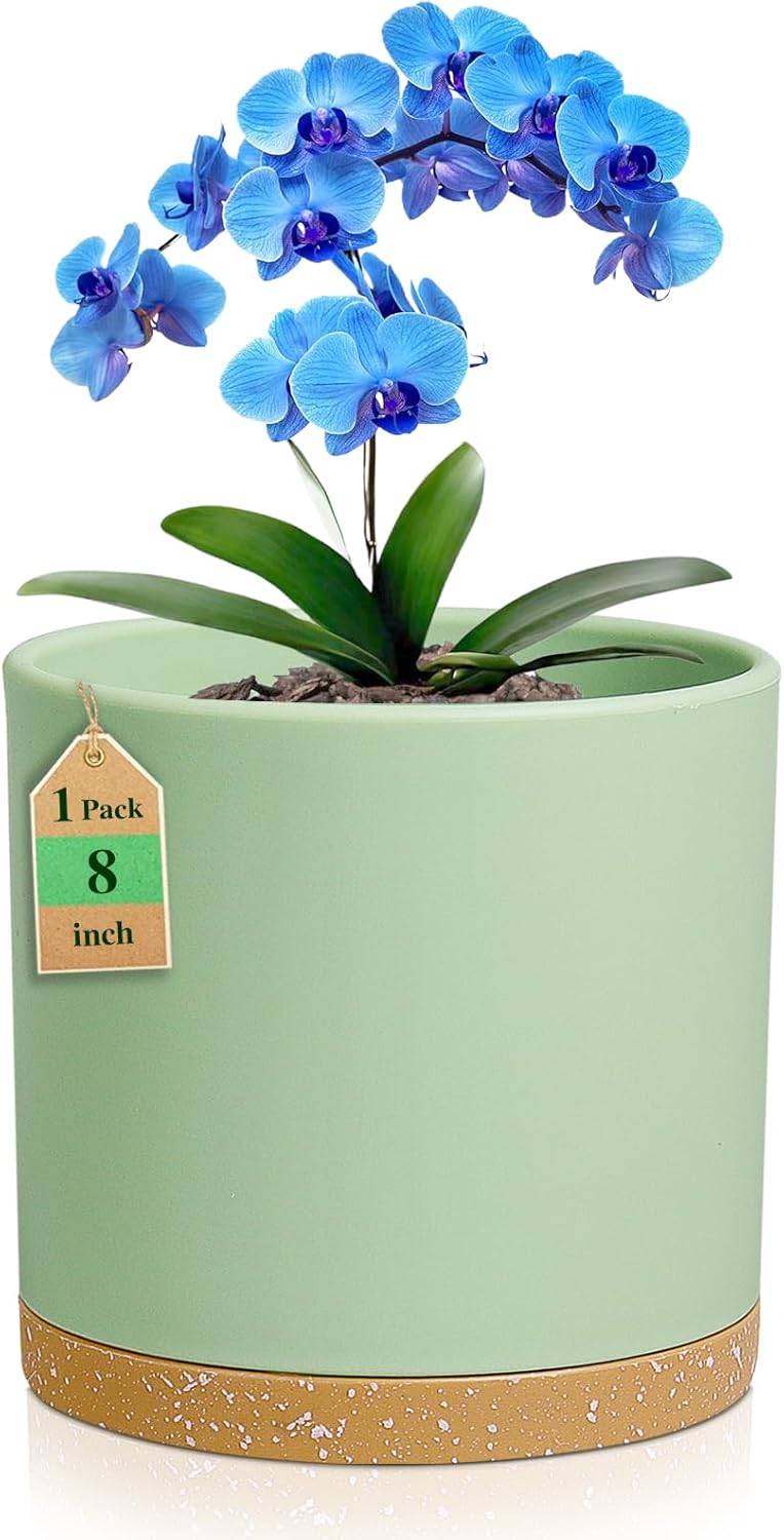 8 Inch Medium Flower Pots for Indoor Outdoor Plants, Cylinder Deep Plant Pots with Drainage Holes & Saucer, Decorative Plastic Planter Pots for Garden House Plants, Green with Brown