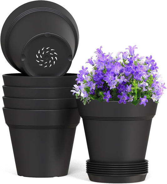 7 Inch Thick Plastic Plant Pots with Drainage Holes and Trays – 6 Pack Nursery Pots for Indoor & Outdoor House Plants, Seedling Starter Planters for Garden Flowers, Matte Black